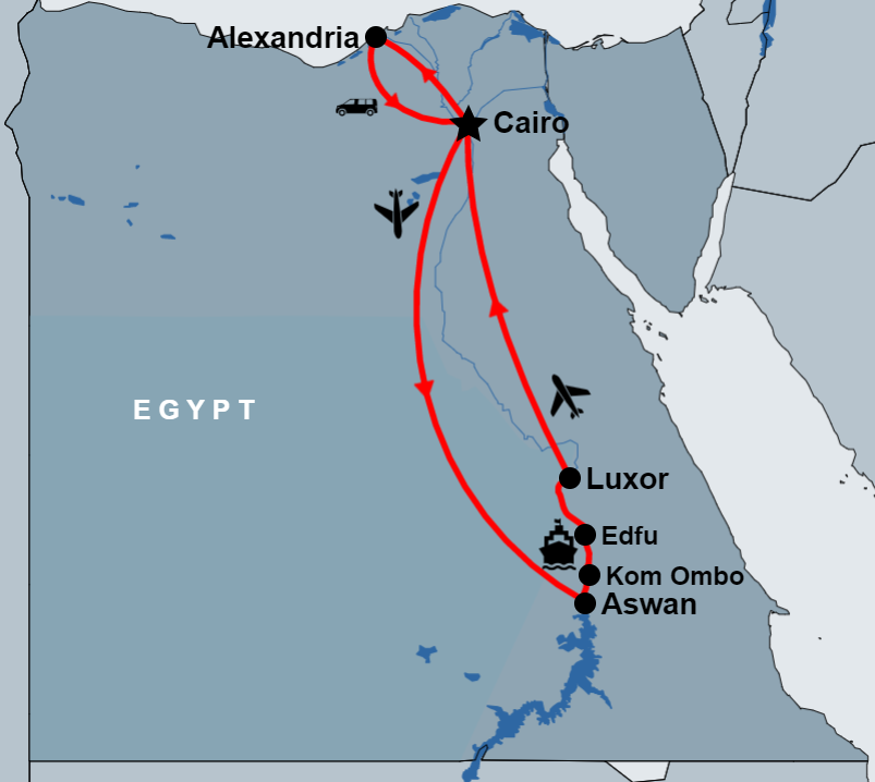 7 Day Cairo, Alexandria and Nile Cruise Tour Package by Flight route map